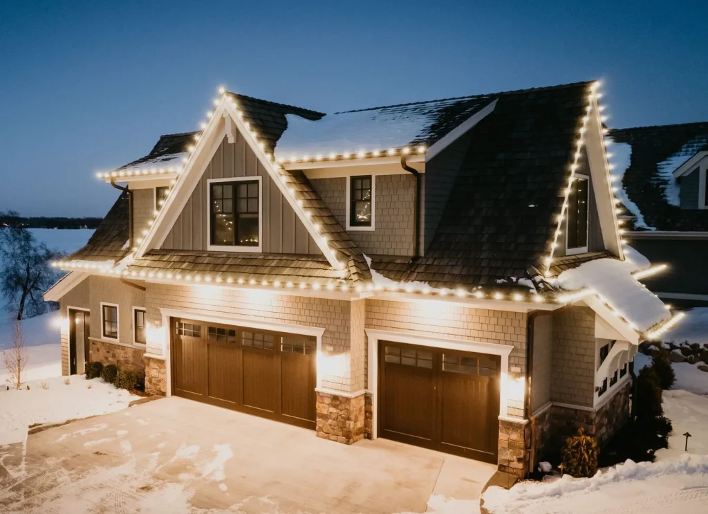 A snowy New Jersey roof with soft holiday lights and a clean ridge line